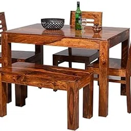 Solid Sheesham Wood Dining Table 4 Seater Set with 3 Chair & 1 Bench Dinning Table with 4 Cushion Chairs Dinner Table Set for Dinning Room Home, Hotel and Office (Honey Finish)-image-13