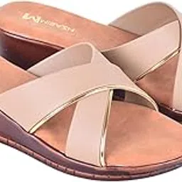 misazh Women's Cross Strap Wedge Sandals, Beige with Gold Accent, Slip-On Comfort Slides-picture-36