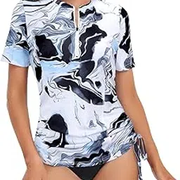 luranee Womens Short Sleeve Rash Guard Shirts UPF 50+ Side Adjustable Wetsuit Swimsuit Top S-XXL, Ink Wash, Large-picture-46