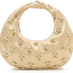 boho girl Noor-e-Ivory Handbag Elegant Women Bag Crescent Silhouette Ivory Satin with Pearl and Gold Bead Floral Embellishments Hand-Knotted Handle Festive Wedding Party Shoulder Bag (BGB25-336)-picture-37