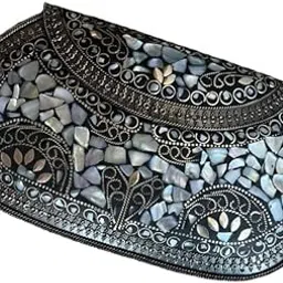 Vintage Mosaic sling or Clutch Purse, Mother of Pearl Inlay, Black Metal Frame with Beaded Design-picture-21