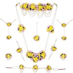 anuradha pearl Latest Bridal Flower Jewellery Set for Haldi Gota Patti Necklace Earrings, Bracelet & Maang Tika for Women & Girls (Mehandi/Haldi/Wedding/Bridal/Baby Shower)-picture-25
