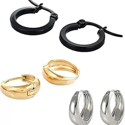 Mahalakshmi Piercing Men Jewellery | Black Studs Combo Stylish Hoop Clip on Earings | Earrings For Men & Girls | Earring Bali For Gift (3 Pair)-picture-25