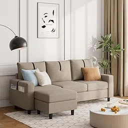 FURNY Samoa 4 Seater Fabric L Shape Sofa Set Modular 3 Seater & Ottoman (Beige)-picture-14