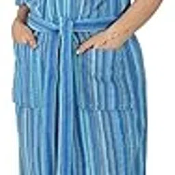 Rangoli Pinstripe 100% Cotton Bathrobe for Women | 450 GSM Premium, Lightweight & Highly Absorbent Bath Robes with Pockets & Belt | Half Sleeves Bath Gown - Aqua XL-picture-34