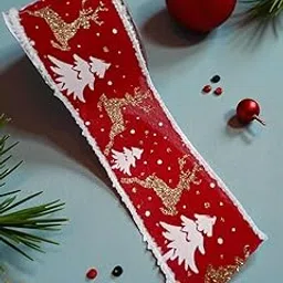 Christmas 4 Meter Ribbon 1 Roll, Red Linen with Gold Glitter Reindeer and White Trees, Snow Edge Trim, Winter Holiday Decor, 2.5 Inch Width Random Colour-picture-27