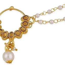 cz stone Festive Gold Plated Nose Pin with Kundan Stones and Pearl Layers image 1