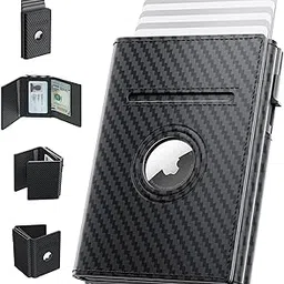 pocrsret Leather Smart Wallet for Men, Carbon Fiber Trifold with Airtag Holder-picture-17