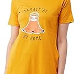 Women's Mustard Yellow Round Neck Short Sleeves Printed Regular Length Dress-image-65