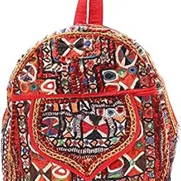 exotic india Women's Antique Rabari Embroidered Cotton Backpack with Mirror Work | Ethnic Floral Shoulder Handbag, Purse-picture-36