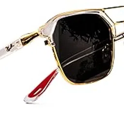 durer Designer Square Sunglasses, Gold Metal Frame, Clear and Red Temple Arms, Black Lenses-picture-36