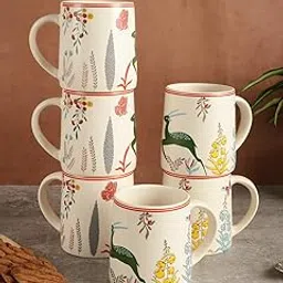 miah decor Ceramic Tea Coffee Cups Set of 6 Matte Printed Small Chai Mug Set of 6 Drinkware Microwave Safe for Home & Restaurant-300 ml-Color-Cream Red-image-2