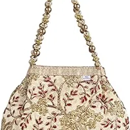 Heart Home Attractive Embroidery Polyester Hand Purse & Artificial Pearls Handle With 3 Magnetic Lock for Woman,Girls (Cream)-image-23