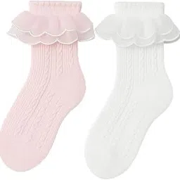 Cotton Ruffle Frill Lace Ankle Socks for Girls, White and Pink, Age 3-6 Years, Pack of 2 Pairs-picture-36