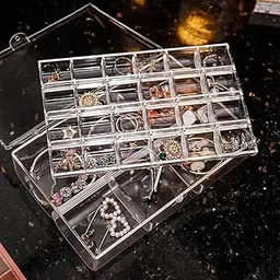 EESHA ETERNAL Acrylic Jewelry Organizer Box with Lid – 2 Layer Portable Storage Case for Earrings, Rings, Necklaces, Bracelets – 24 Small & 6 Large Grid Compartments (Brown)-image-23