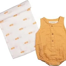 Masilo 100% Organic Cotton Muslin Classic Snuggle Gift Set for New Born Boys and Girls/Combo Set with Swaddle and Romper/Baby & Infant Essentials/Soft & Breathable /0-6 Months - Pineapple-image-68