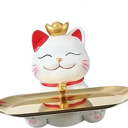 CALANDIS Cute Lucky Cat Statue Craft Ornament Sundries Container Decorative with Tray Round Tray | Figurines-image-2