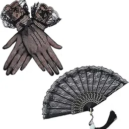 Pmeixcy Black Lace Gloves and Fan Set for Women, Vintage Style Lace Gloves and Hand Fan, Elegant Accessories for Wedding, Party, Costume, Summer Cooling, 2 Pieces, Black image 1