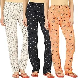 Women's Cotton All Over Print Pajama Girl's Printed Cotton Pajama Pants, Casual Lounge Wear, Pack of 3, Floral Beige, Anchor Navy, Triangle Peach-image-45