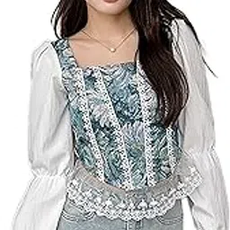Women French Retro Style Floral Jacquard Square Neck Smock Long Puff Sleeve Ruffled Crop Blouse Corset Top Dn39-image-89