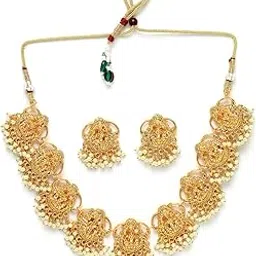 sukkhi South Indian Temple Gold Plated White Beaded Collarbone Necklace Set with Studs Earrings|Jewellery Set for Women & Girls|NS106010-picture-38