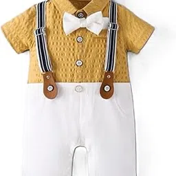 Baby Boy Formal Outfit Set with Bow Tie, Yellow Textured Shirt, White Shorts, Navy Striped Suspenders, Special Occasion Wear-picture-60