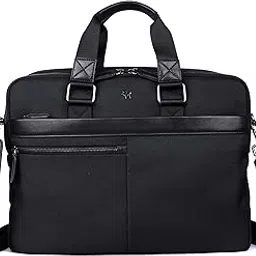 silviano Highbury 16 Inch Executive Laptop Bag for Men | Dual Compartment Briefcase in Leather & Nylon | Office Travel Bag with Trolley Strap & Organiser Pockets | Noir Black Shoulder Bag-picture-41