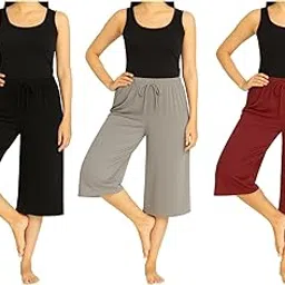 Women's Cotton Plain Capri Pants, Loosefit Yoga Pants 3Pack (BGM)-picture-56