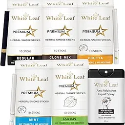 White Leaf Natural Herbal CigarettesRegular, Clove, Frutta, Mint, PAAN Flavour (50 Sticks) 100% Tobacco-Free and Nicotine-Free With Anti Addiction Shot Spray 20 ml Made From Ayurvedic Herbs-picture-23