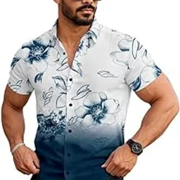 zeku Men's Floral Print Gradient Short Sleeve Button Down Shirt, White to Navy Blue Ombre-picture-27