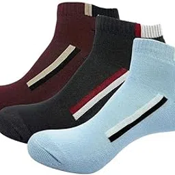 prasthan Men’s Stylish Ankle Socks – Premium Cotton Comfort, Ribbed Texture, R-Logo Badge, Bold Stripe Accents – Ideal,Gym & Travel – Maroon, Light Blue & Black Combo (3 Pairs)-picture-10