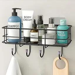 Bathroom Shelf – Adhesive Stainless Steel Storage Rack with Hooks for Toiletries & Towels, Rustproof Organizer for Shower, Kitchen & Wash Basin (Black)-picture-27