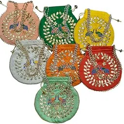 Pack of 2 Designer Embroidered Potli Bags, Pearl Handle, Gold Leaf Pattern with Birds, Wedding Party bag-picture-48