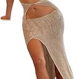 quecy Bodycon Maxi Skirt Sets for Women's Bandage Crop Top 2 Pieces Halter Cutout Long Dress Club Party Y2K Streetwear |C Khaki |L-picture-22