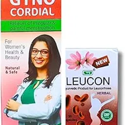NEW Ayurvedic GYNO CORDIAL SYRUP & LEUCON CAPSULE | Womens Health Care | 450 ml + 30 capsules | Combo Pack image 1