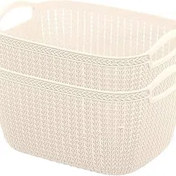 Heart Home Unbreakable Plastic 2 Pieces Multipurpose Large Size Flexible Storage Baskets/Fruit Vegetable Bathroom Stationary Home Basket with Handles (Cream) - CTHH17206-image-41