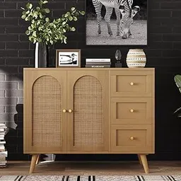 TGF Furniture Store Modern Sideboard Cabinet with Rattan Doors – 3 Drawers & Wooden Legs – Oak Finish Boho Storage Console for Living Room or Dining Room image 1