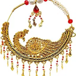 febtech Exquisite Gold-Plated Traditional Indian Bridal Nath with Intricate Peacock Design and Red Bead Accents - Perfect for Weddings, Festivals, and Special Occasions-picture-55