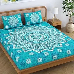 SheetKart Cotton Blend Traditional Mandala Jaipuri Printed Bedsheet for Double Bed King Size with 2 Pillow Covers - Sea Green,104 TC-picture-22