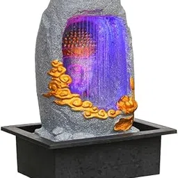 CRAFT SMITH Polyresin Tabletop Grey Meditating Buddha Sitting in Cave Style Indoor Front Curtain Waterfall Fountain for Home Decor with LED Light, Speed Controller Pump (Size: 40 x 22 x 29.5CM)-image-88