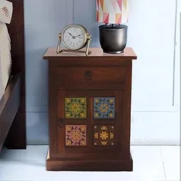 SHEKHAWAT HANDICRAFT Solid Wood Bedside Table with Drawer and Cabinet | Wooden Nightstand with Handcrafted Ceramic Tile Work | Storage Side Table for Bedroom Living Room-picture-37