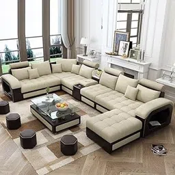 FURNART FURNITURE & INTERIOR Modern U-Shaped Sectional Sofa Set with Storage, 9 Seater, Sofa Couch with 4 Puffy for Hall Guest Room, Leatherette (Brown & Beige)-image-18