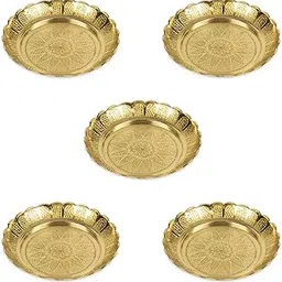 Klassic Small Brass Puja Thali/Bhog Thali for Mandir with Flower Engraved Design for Home & Temple Decoration & Gifting (Gold, 4 Inch, Pack of 5)-picture-19