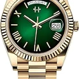 horame Green Dial Watch for Men Roman Number, Analog Quartz Roman Number Watch for Men with Date and Day, Waterproof Golden Watches for Man, Luxury Gold Steel Chain Watches for Man image 1