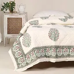 Peepultree Hand Block Printed Cotton Quilt Jaipuri Razai Softness & Style for Single Bed | Beautiful Floral AC Blanket, Reversible, Breathable, Made in India (White & Green) | 60X90 Inches image 1