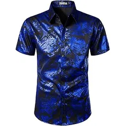 zeroyaa Men's Luxury Paisley Shiny Printed Slim Fit Short Sleeve Button Up Dress Shirt-picture-53