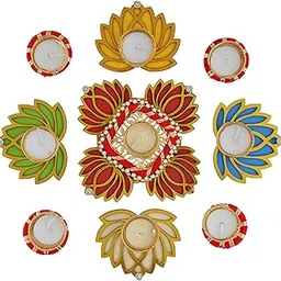 Sanvatsar Home Decorative Lotus Rangoli & Lotus Diya Set | Corporate Gift, Diwali Gift, Diya for Pooja Home Decoration Light Diya, Christmas Candle, Lighting, New Year Candle Set of 9 (Red)-picture-56