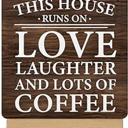 Sarvada Decor Coffee Sign Coffee Signs for Coffee Station Farmhouse This House Runs on Love Laughter and Lots of Coffee Wooden Sign with Easel for Home Kitchen Living Room Desk Coffee Table Decor, polychrome-image-5