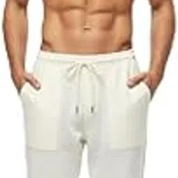 Mens Casual Linen Pants Elastic Waist Pants Drawstring Summer Beach Yoga Linen Trouser | Loose Fit Track Pants (in, Alpha, XL, Regular, Black)-image-80