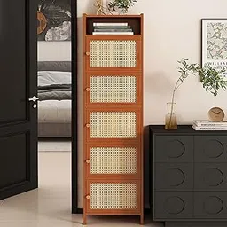 TGF Furniture Store Tall Storage Cabinet with Rattan Doors – 5-Tier Brown Wooden Bookshelf – Boho Style Standing Cabinet for Living Room, Bedroom, or Office-picture-15
